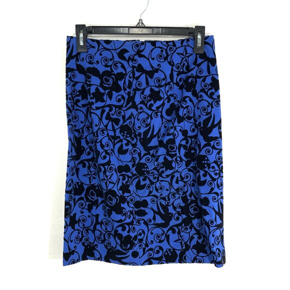 Love Moschino Rockabilly Pinup Blue & Black Flocked Velvet Pencil Wiggle Skirt